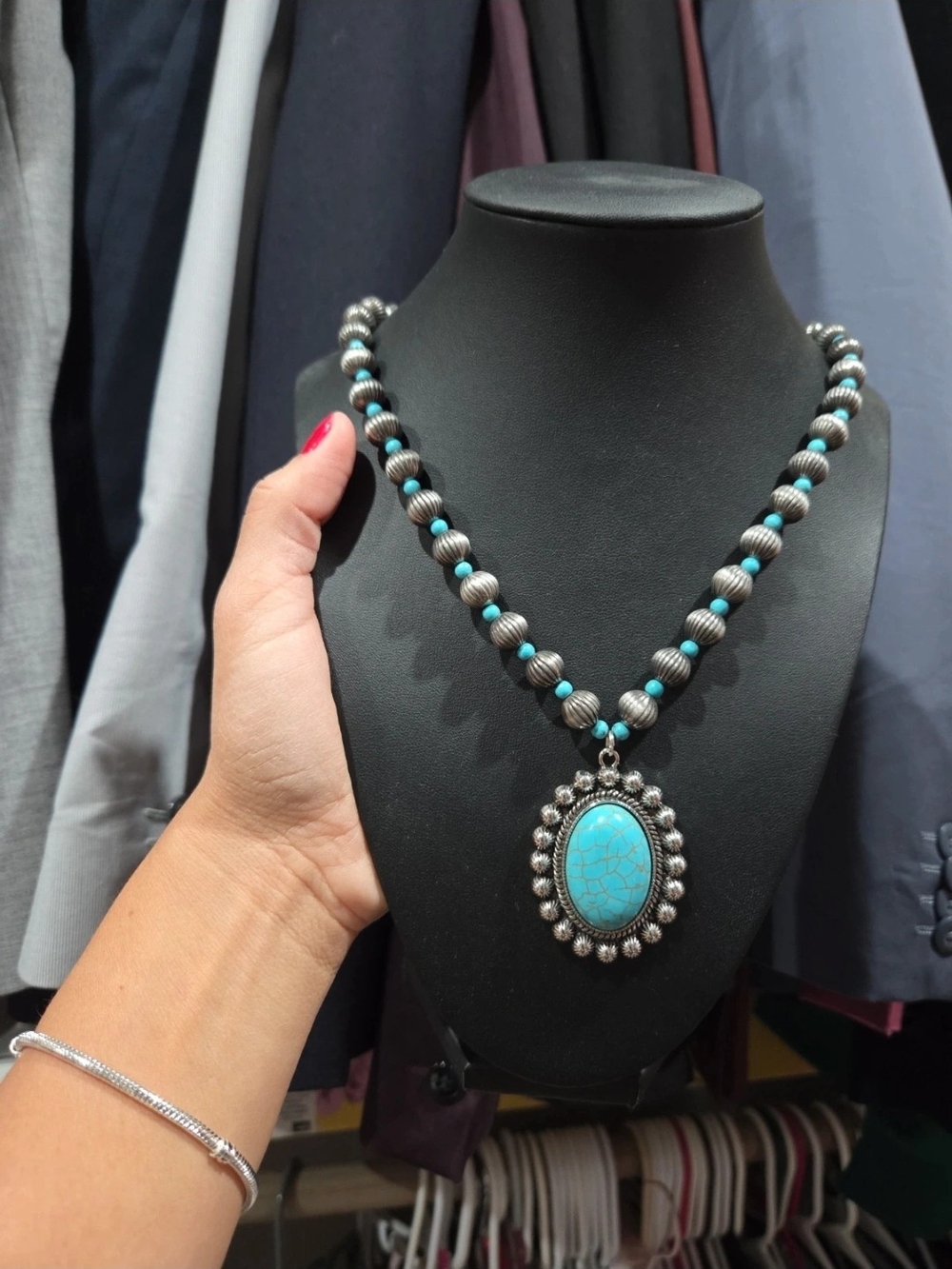 Turquoise Stone Beaded Pendant Necklace - Women Jewelry